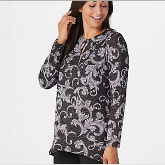 Susan Graver Women Sz L Black Gray Silver Metallic Layered Lurex Keyhole Sweater - Picture 1 of 11